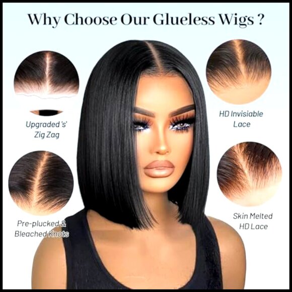 Glueless Bob Wig Human Hair Pre Plucked Pre Cut 180% Density 5x5 Lace Front